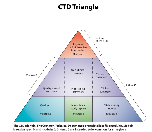 Diagram of the CTD Triangle, showing five modules: Regional, Quality, Non-clinical, Clinical, and Reports. Modules 2-5 apply to all regions; Module 1 is region-specific.